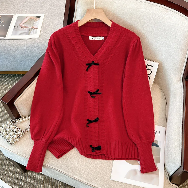 150Kg Plus Size Women\'s Bust 150 Spring Autumn Loose V-Neck Bow Sweater Long Sleeved Knitted Coat Black Red 5XL 6XL 7XL 8XL 9XL