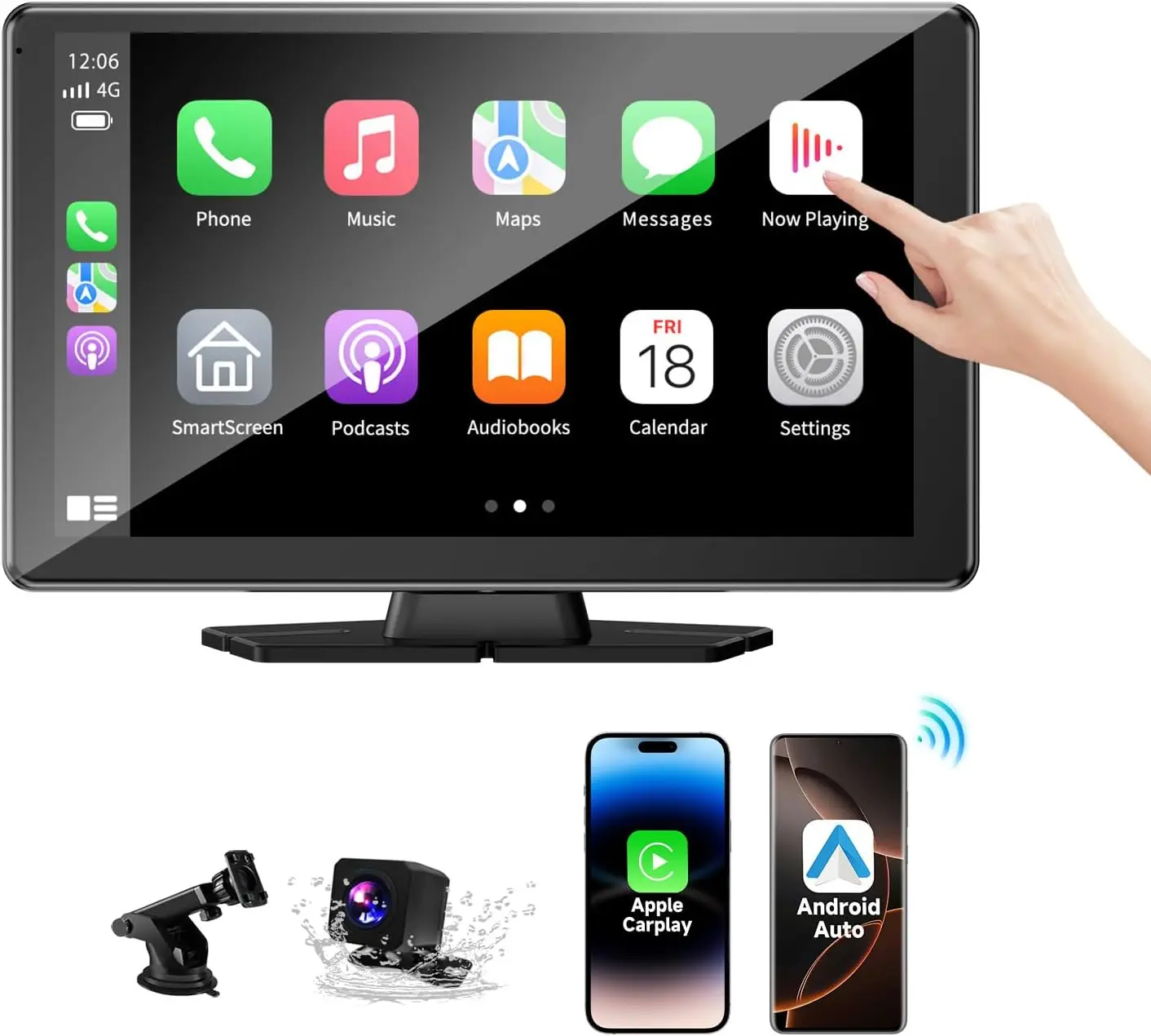 Écran CarPlay portable de 9 pouces avec Android Auto, écran tactile HD, caméra de sauvegarde 1080P, MirrorLink, navigation, commande vocale, Bl