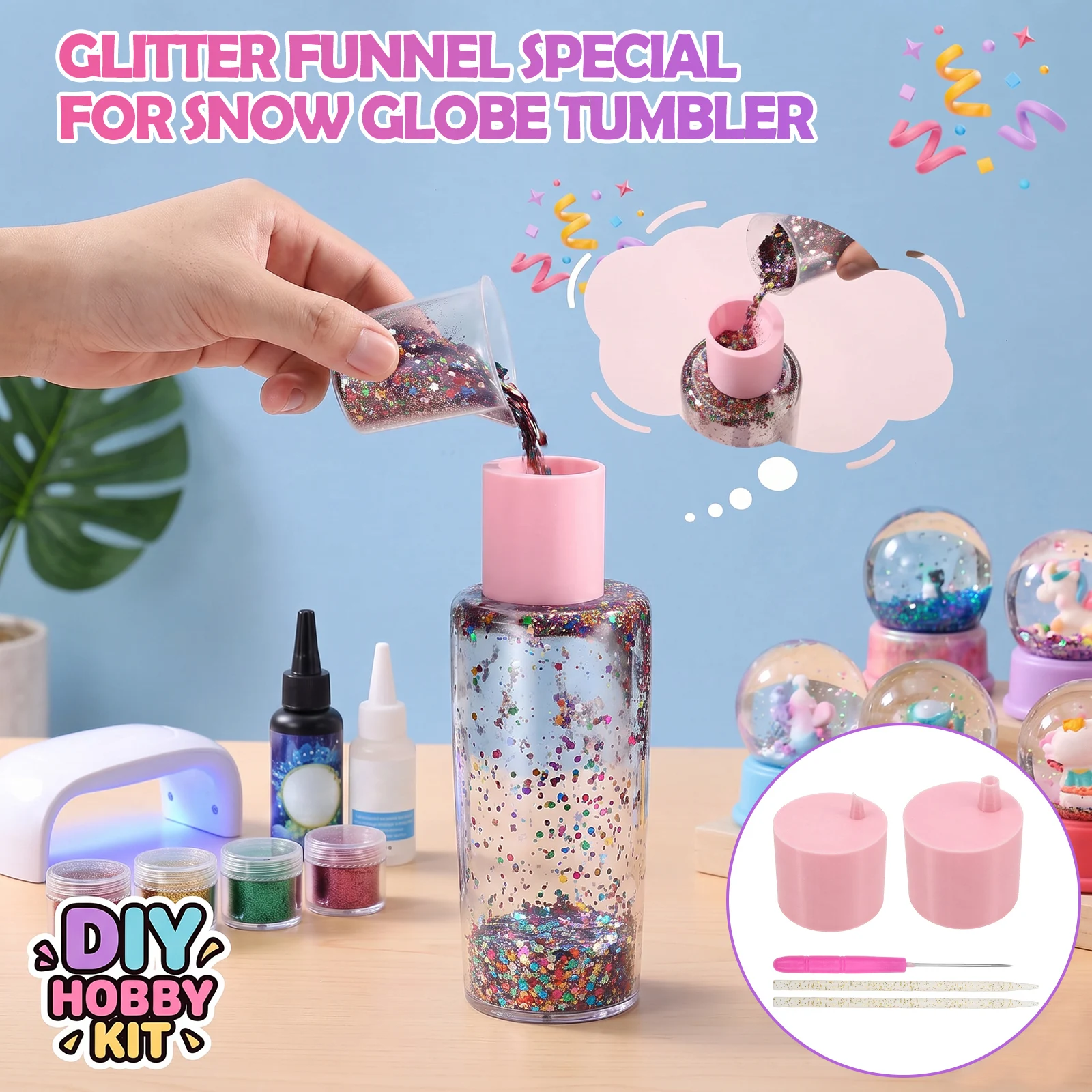 DIY Glitter Cup Making Accessories Kit Two Size Openings Snow Globe Glitter Funnel with 3 Pokey Tool for Tumbler & Snowglobe Cup