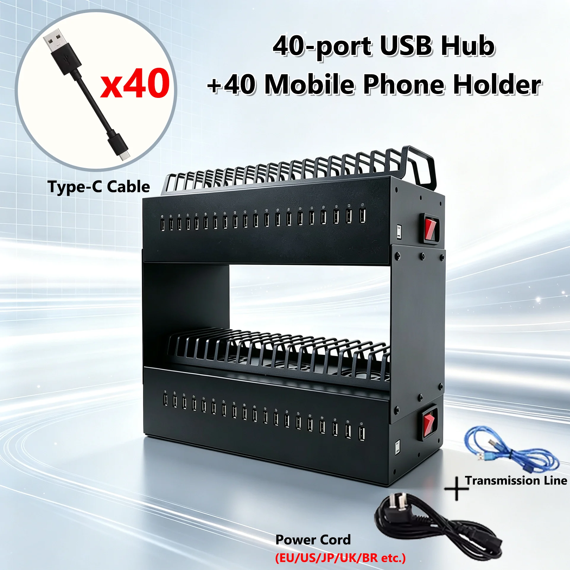 20 40 60Ports USB 2.0 Hub Chassis and Mobile Phone Support Farm Unified Management