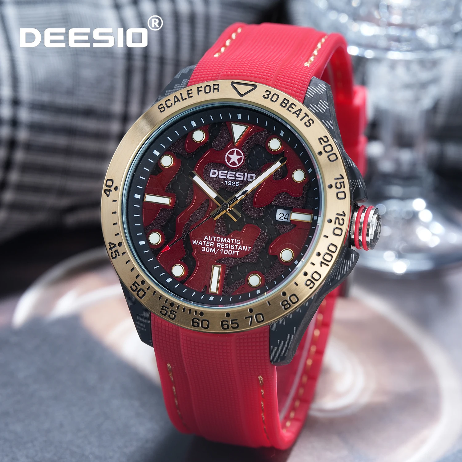 

Dessio Trendy Sport Luxury Automatic Mechanical Watch for Men Carbon Fiber Case Stainless Steel Waterproof Luminous Date Display
