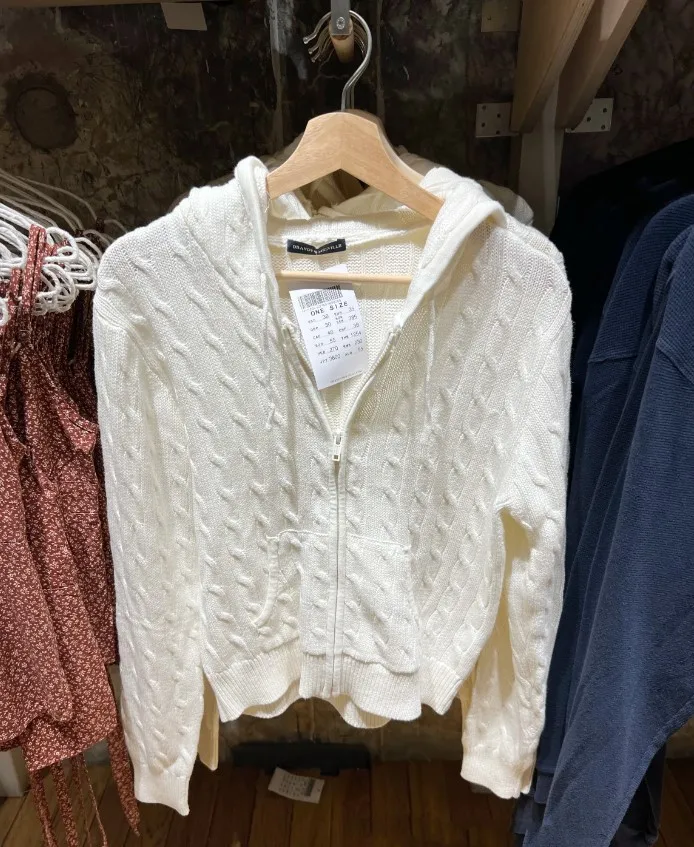 

White Solid Color Sweater Jackets Women's Autumn Winter Zipper Hoodie Coat Top Casual Fashion Korean Chic Twist Knit Outerwear