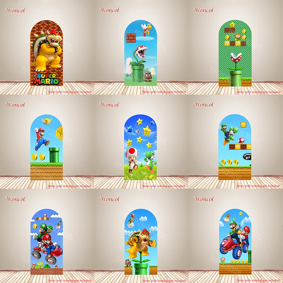 Super Mario Birthday Arch Backdrop Super Mario Bros Baby Shower Backdrop Polyester Double-Sided Bowser Mario Luigi Arch Cover