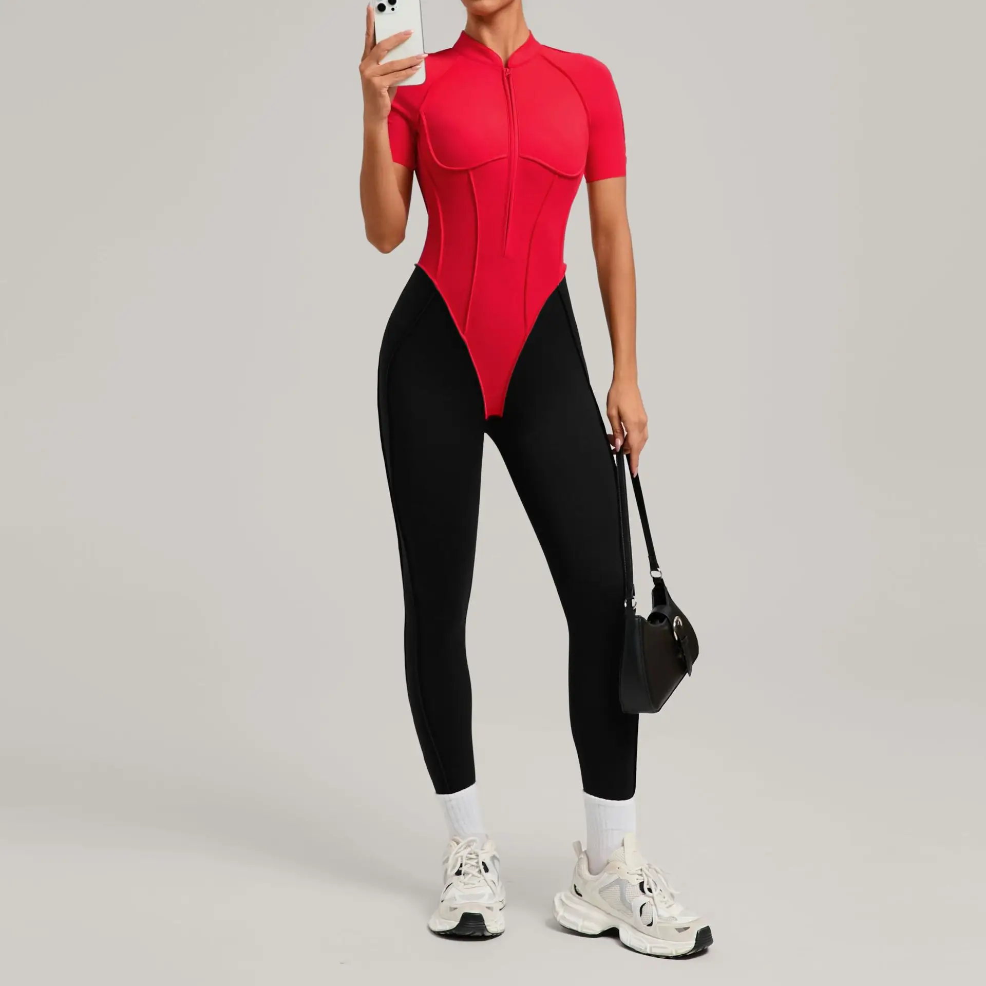 Pad Yoga Set Jumpsuit Short Sleeve Zipper Sports Gym Fitness Women Dance Running Workout Legging Bodysuits Active Wear XP83 image 5