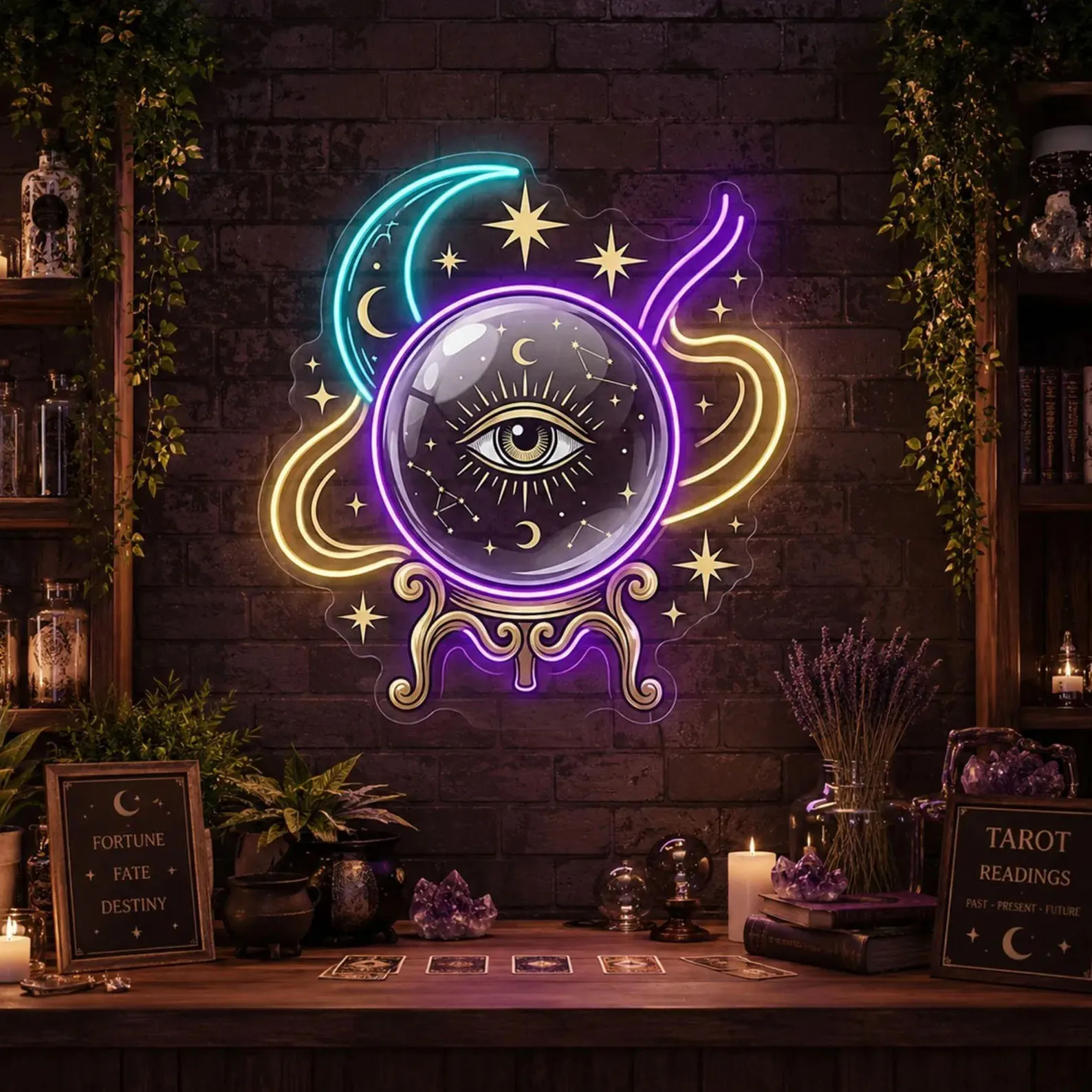 Crystal Ball Eye Neon Sign,Moon Stars Mystic LED Neon,Tarot Reading Room Decor,Spiritual Space Decor,Gift for Fortune Tellers
