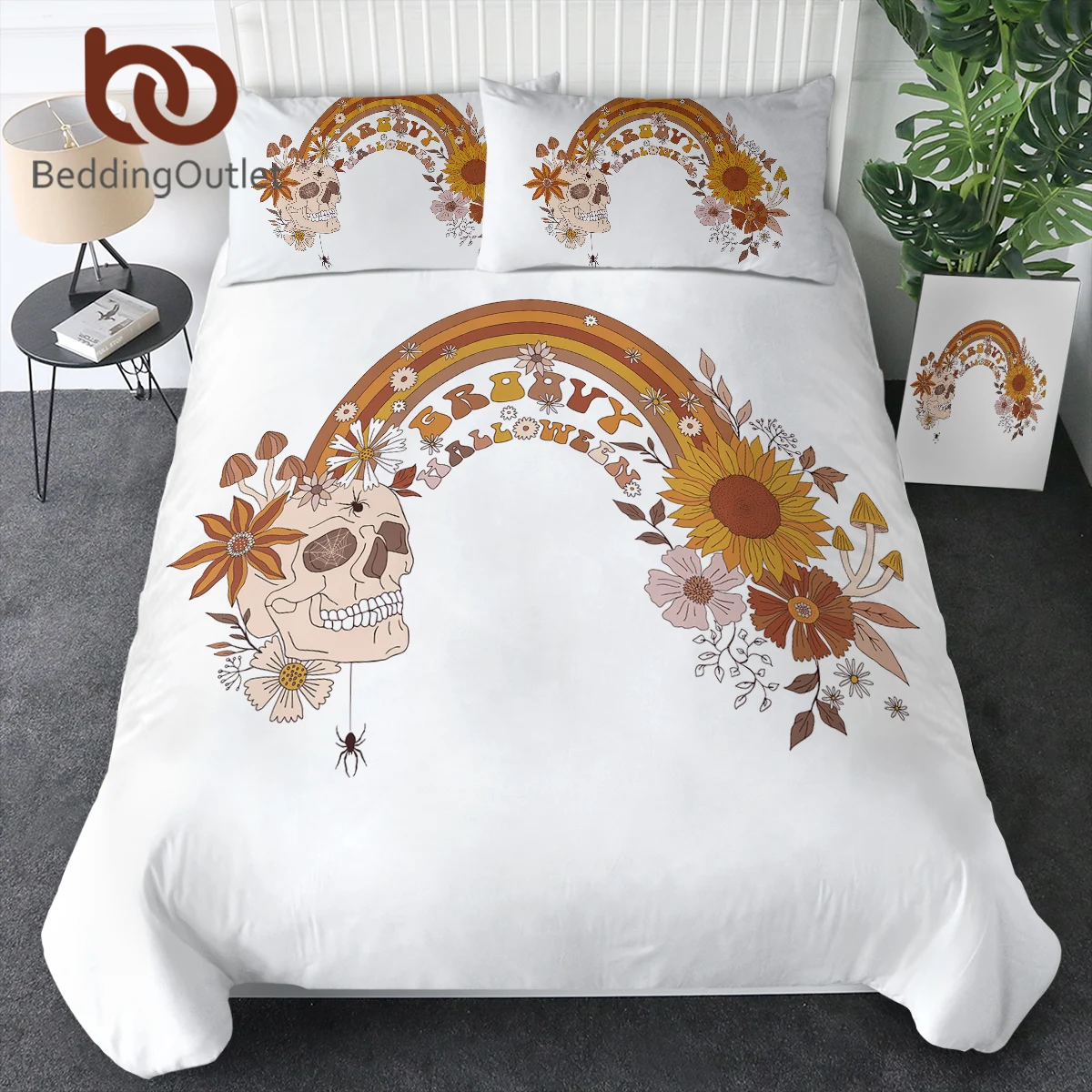 

BeddingOutlet 3D Rainbow Skull Sunflower Spider Duvet Cover Happy Halloweens Theme Bedding Set Decor Polyester Hallowmas Gifts