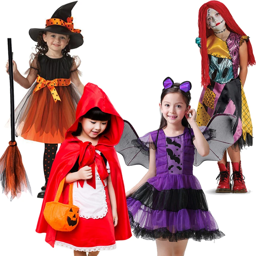 Girls Halloween Little Red Riding Hood Costume Nightmare Before Christmas Sally Bat Witch Tulle Dress Kids Cosplay Party Clothes