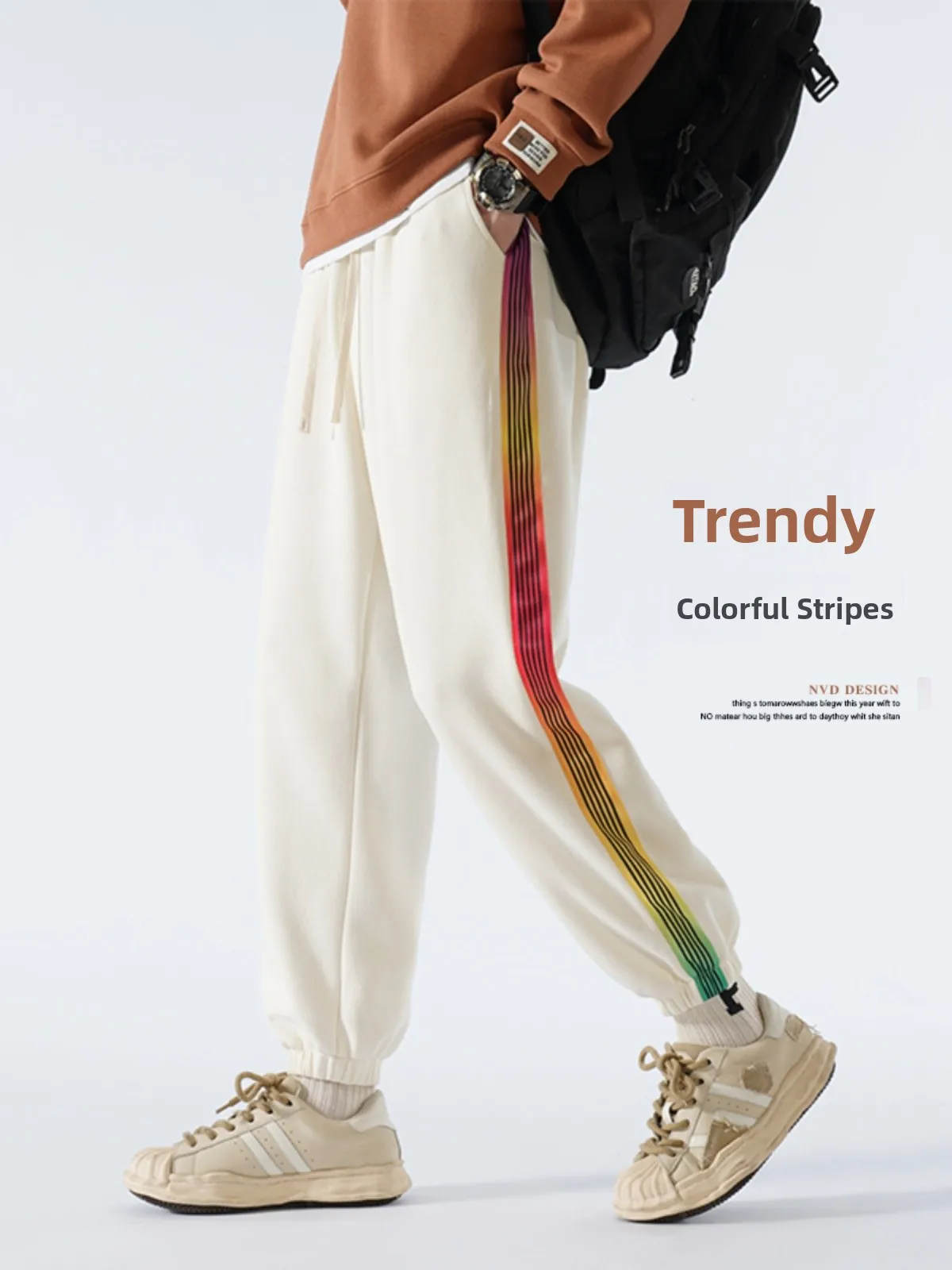 

Men's Spor Khaki Casual Pants Spring Autumn Loose Fit Big Size American Sle Heavy Side Stripe Cuffed Long Trousers