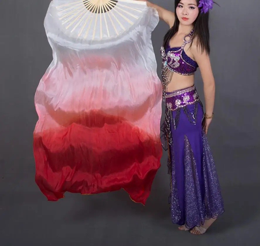 Velo de abanico de seda para danza del vientre de 1,2 m, accesorios clásicos Yangko ligeros para niñas, venta al por mayor, nuevo, blanco, rosa, degradado, un par