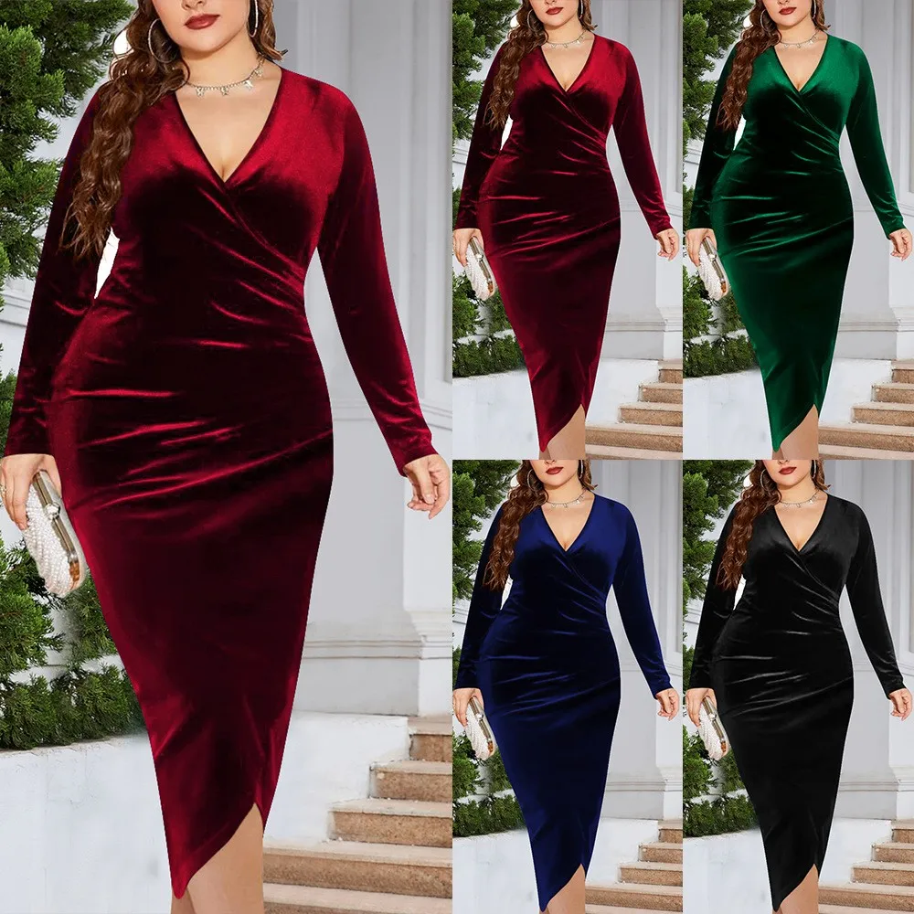 Elegant Party Dress Women's Evening Velvet Long Sleeve V Neck Dresses Prom High Waist Ruched Wrap Midi Length Solid Color