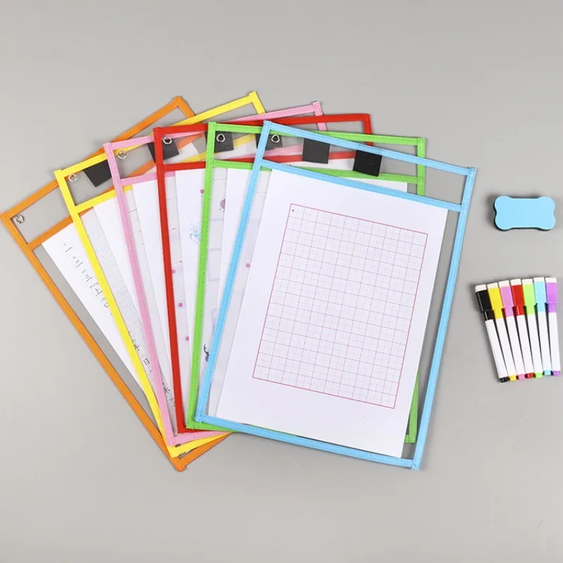 Waterproof Document Storage Pouch Reusable Dry Erasable File Bag Kids Transparent Diy Pockets Hanging File For Teaching Supplies