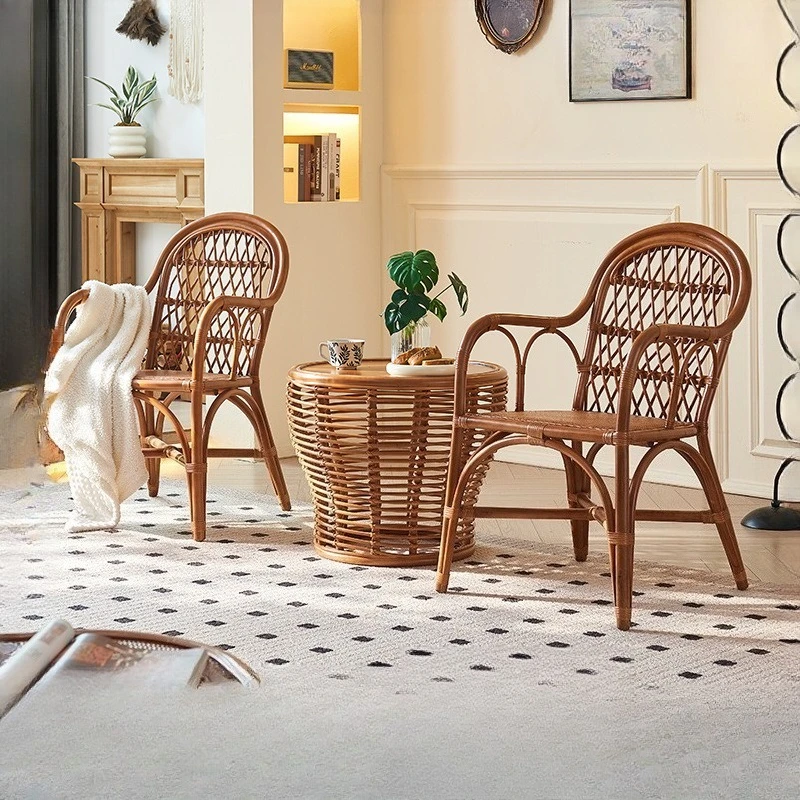 Wabi-sabi style whole rattan backrest armrests rattan chairs B&B balcony rattan chairs coffee table three-piece set Foshan furni