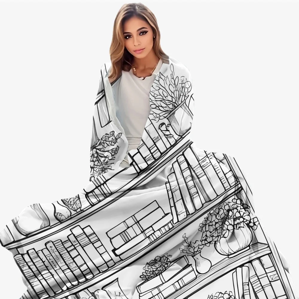 Easy 3-Tier Bookshelf Book Vase Flowers Green Plants Black And White Line Drawing Coloring Flannel Blanket Home Sofa Cover Car N