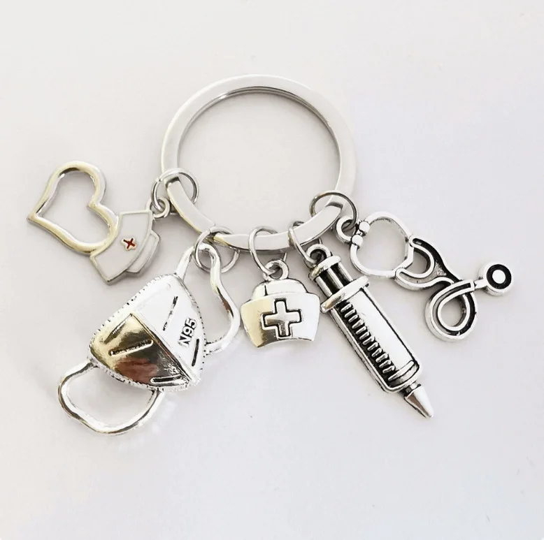 Trendy Medical Rescue Mask Key Chain Heart Shaped Nurse Cap Syringe Stethoscope Keyring