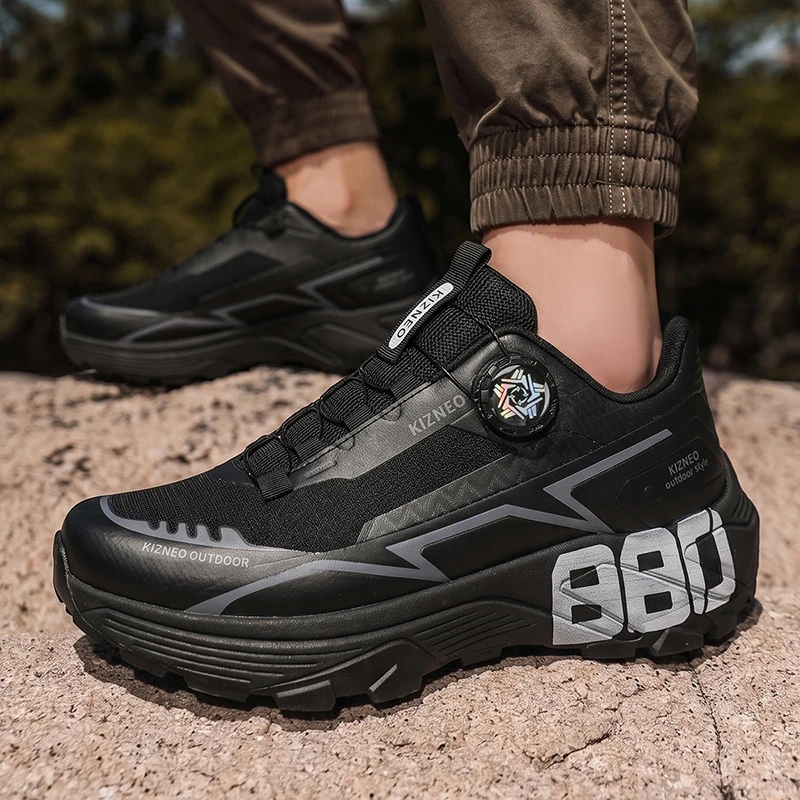 Men Rotating Buckle Trail Running Shoes Breathable Mesh Non Slip Thick Sole Shock Absorbing Outdoor Trekking Hiking Sneakers