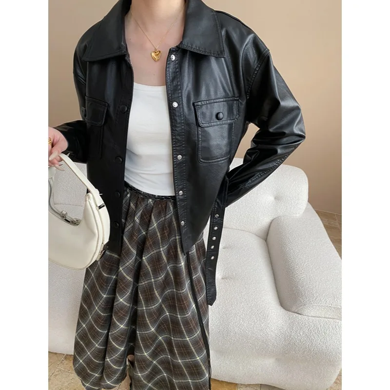 النساء فو سترات من الجلد الصلبة معاطف قصيرة مربوطة طويلة الأكمام رفض طوق فضفاض مكتب سيدة عادية 2025 ربيع الخريف