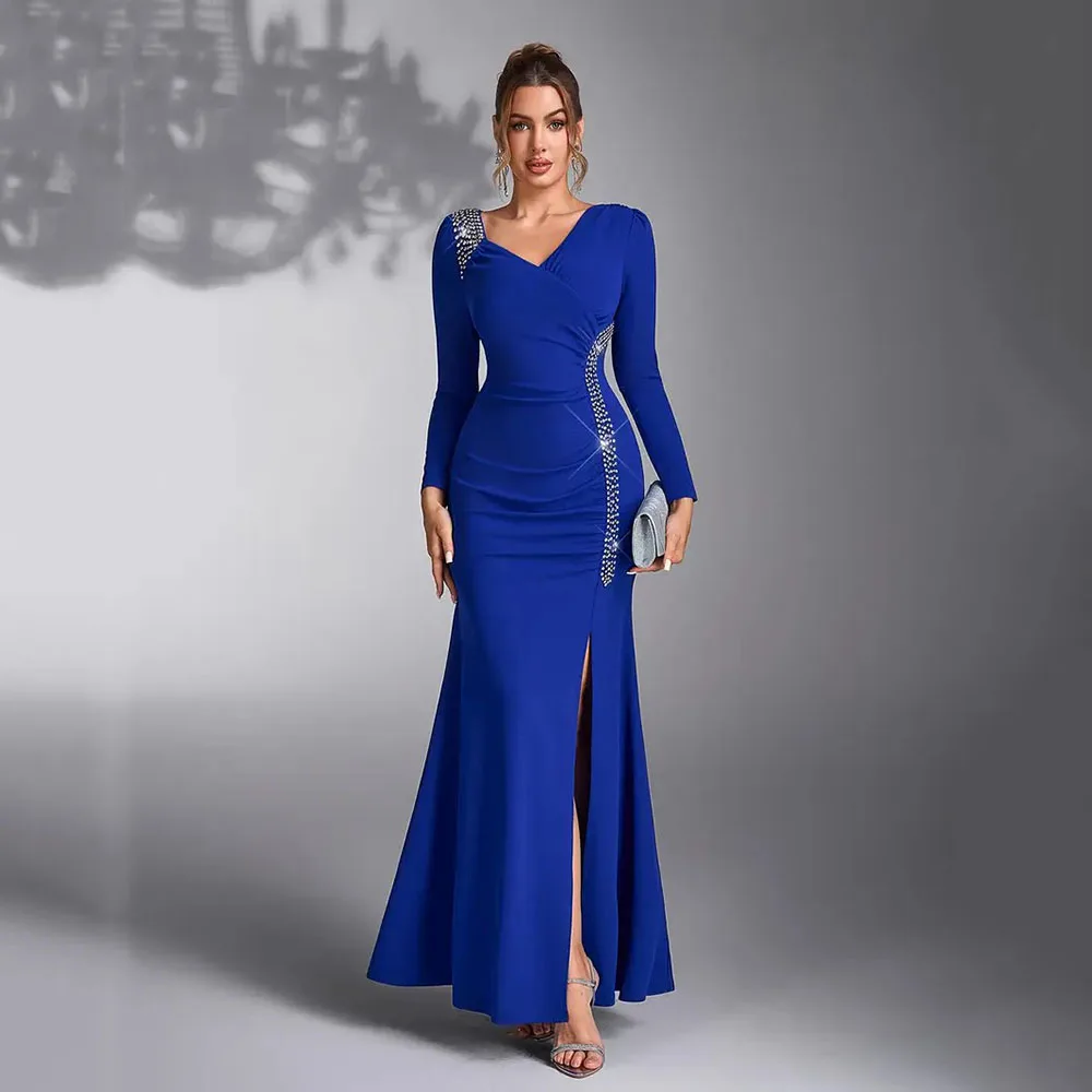

Msikoods Long Sleeves Mermaid Prom Dresses 2025 V-Neck Beading Evening Dress for Wedding Guest High Slit Party Dress Customized