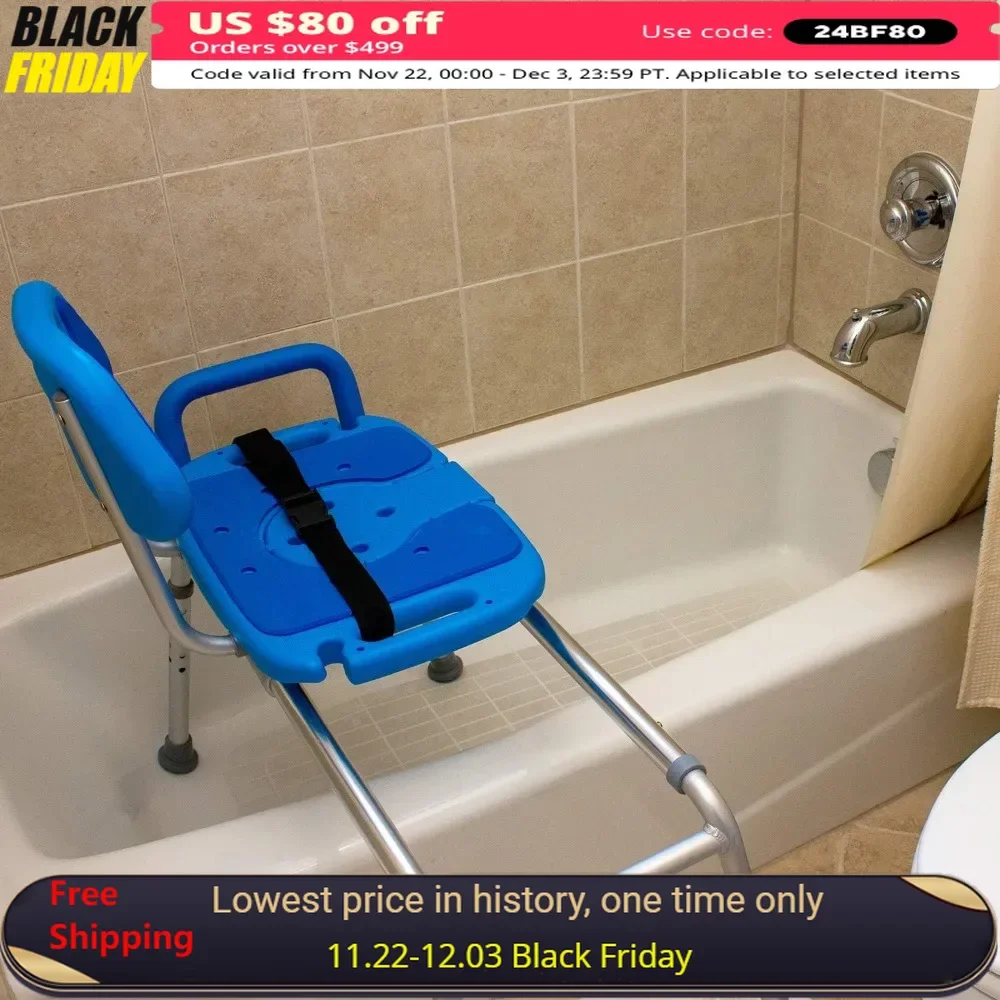 

Shower Chair, Tub Sliding Bench, Padded, Seat with Opening for Tub, Adjustable Legs and Safety Belt, Sliding Shower Chair