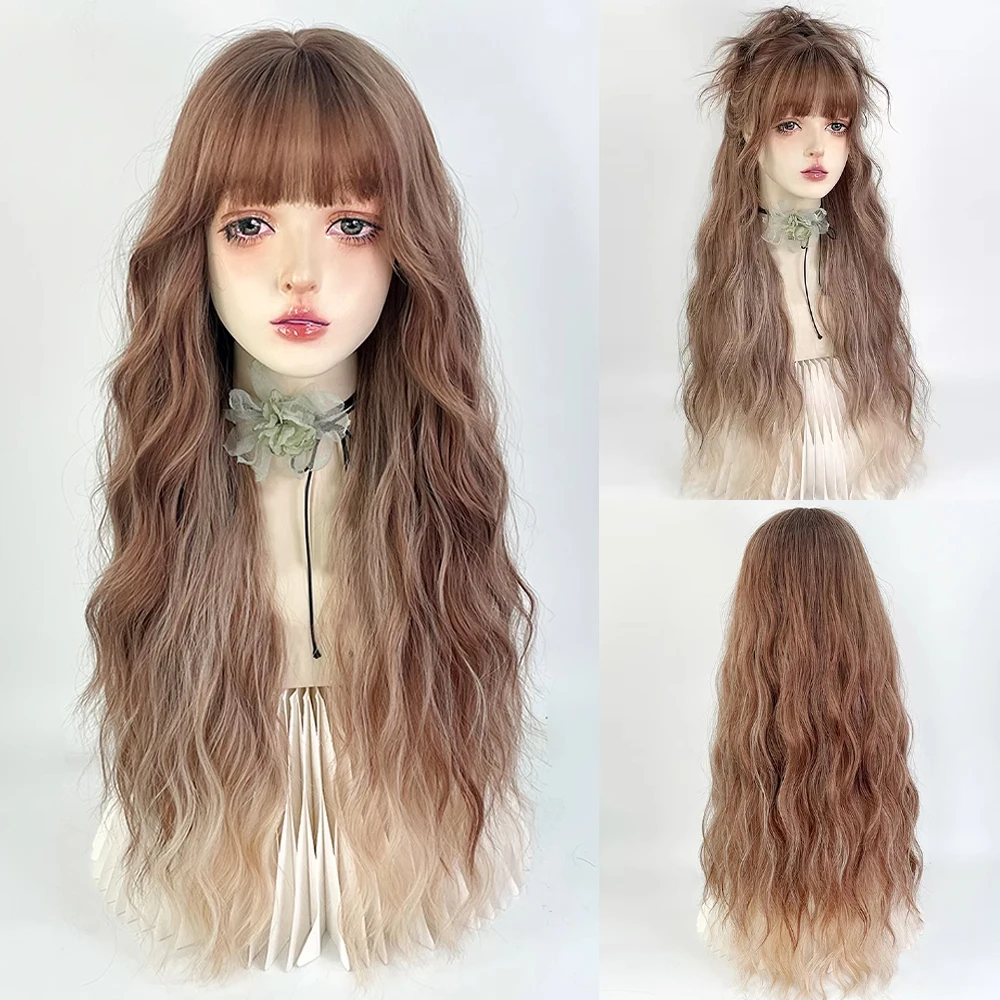 

Ombre Brown Long Wavy Synthetic Women Wig with Bangs Lolita Cosplay Fluffy Heat Resistant Hair Wig for Daily Party