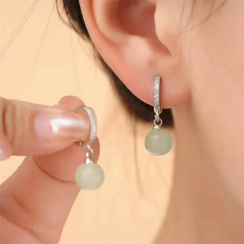 Light Green Ball Drop Earrings for Woman Silver Color Zircon Hoop Earring Jewelry Gift Wedding Glossy Luxury Party Jewelry