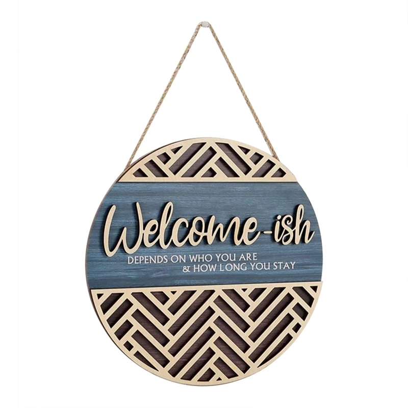 3D Welcome Hanging Sign Plaque For Front Door Wall Decor, Funny Welcome-Ish Wooden Hanger, Rustic Minimalist Wood 30X30cm