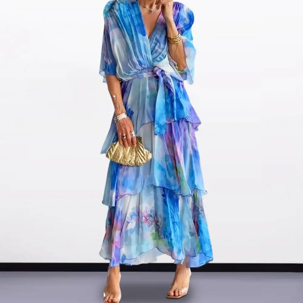 Evening Dress Women Loose Hem Maxi Dress Dreamy Colors Ruffle Lace-up Maxi Dress Multi-layered Pleated V Neck with for Beach