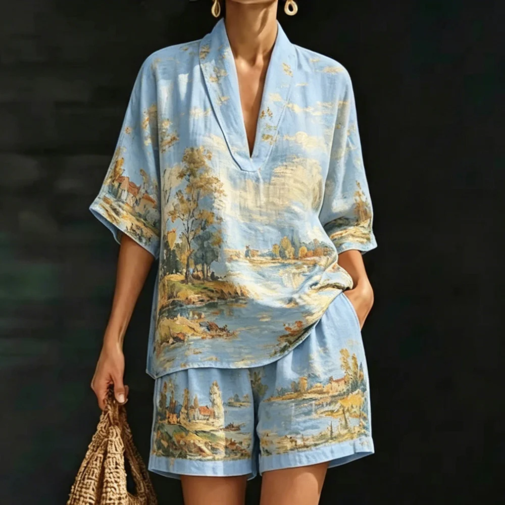 

Women's Casual Summer Two-Piece Set Versatile Beach-Style Printed Lightweight Boho V Neck Top & Shorts Comfortable Daily Outfit