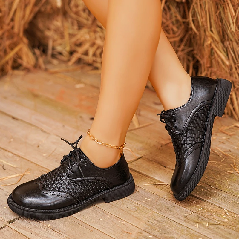 Fashion Woven Low Heel Pu Leat - Oxford Lace Up Women 评论和价格