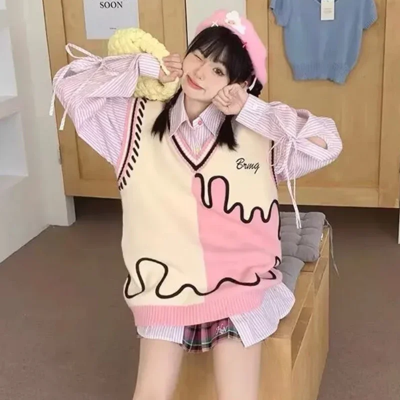 女性用Vネックニットセーター,韓国風ベスト,シックなベスト,コントラストカラーデザイン,バギー服,10代のファッション,秋