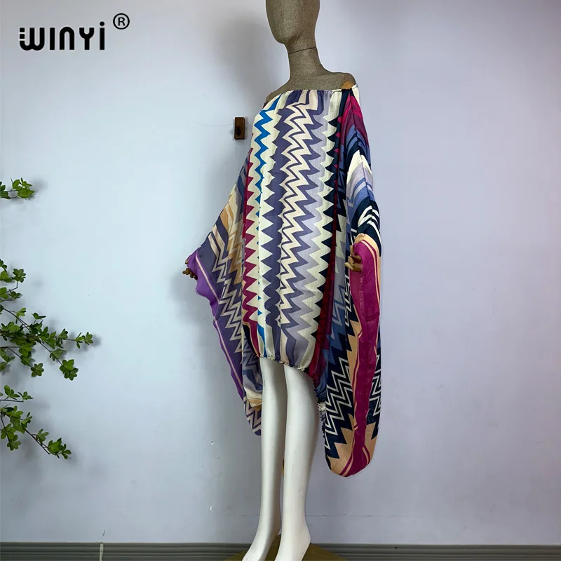 Winyi Frauen sexy One Neck Maxi Kleider Sommer Boho bunten Druck Fledermaus Ärmel Kleider weibliche Kaftan Strand Vertuschungen Vestidos