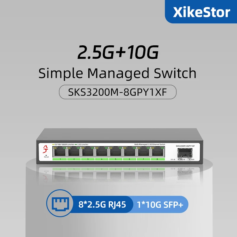 XikeStor 9 Ports 2.5G Simple Managed Switch 8*2.5G RJ45 1*10G SFP+Ethernet Switch Support VLAN Division/Port Aggregation