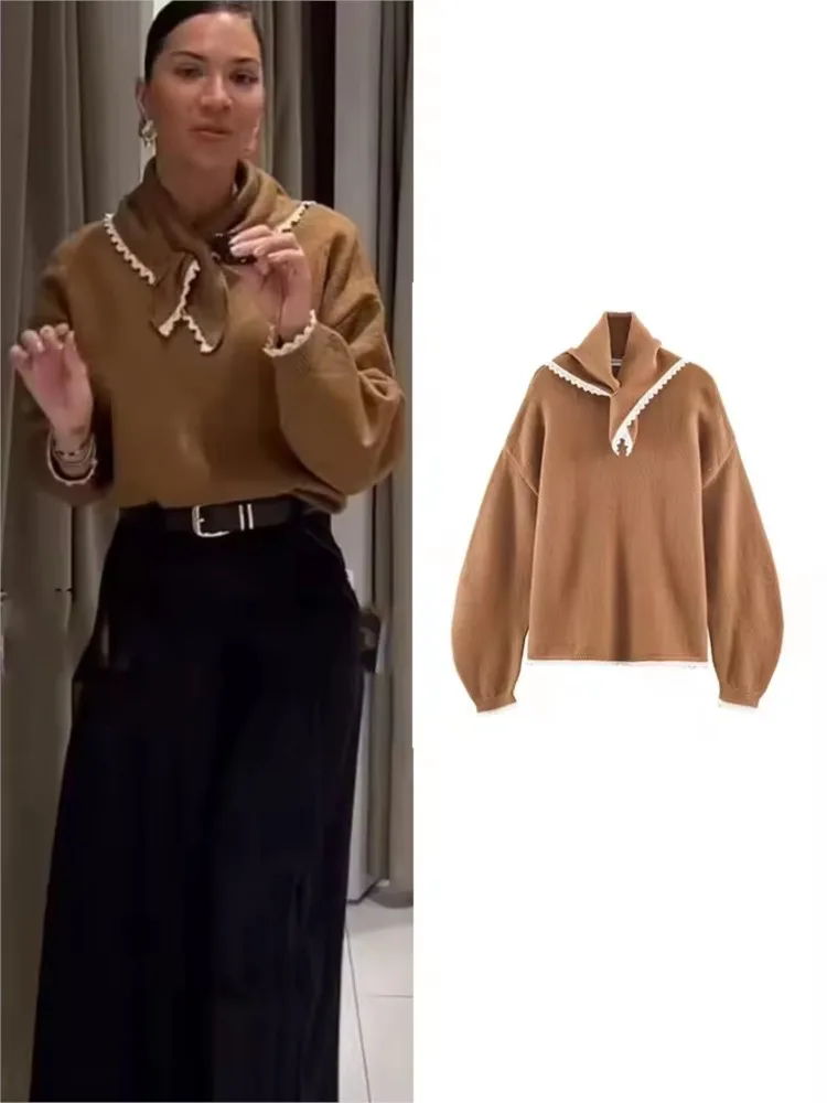 

Spring Women Knit Jumper with Bandana Polo Collar Long Sleeve Lace Trim Simple Vintage Women's Sweater Elastic Female Tops