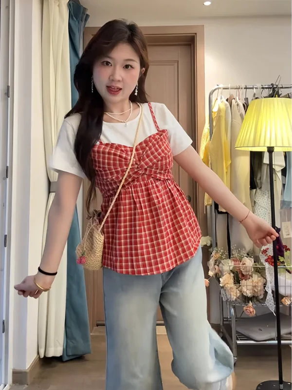 เสื้อยืดลายสก็อตสำหรับผู้หญิงไซส์ใหญ่ สไตล์เกาหลี แฟชั่นลำลอง ใส่ทำงานได้ ดีไซน์สองชิ้นหลอกๆ คอกลม ทรงปกติ