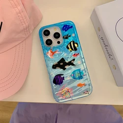 Ins Ripple Texture Aquaria Fishes Phone Case For iPhone 16 15 14 13 12 11 Mini Pro Max X XR XSMax 7 8 Plus Glacier Pattern Cover
