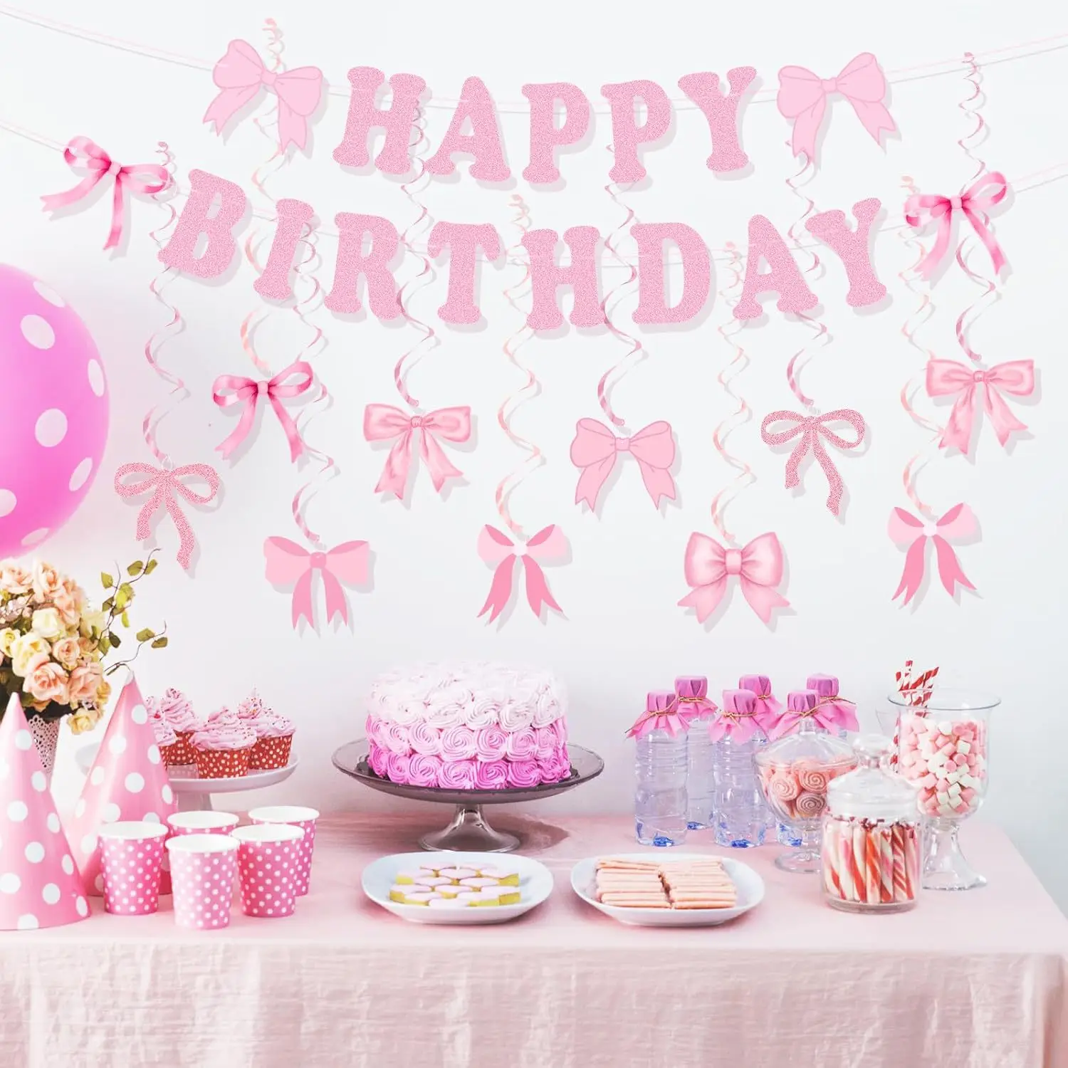 Rosa Schleifenbanner „Happy Birthday“ Girlande Hintergrunddekoration Schleifenflaggen Hängewirbel für Babyparty Mädchen Partyzubehör – Detail 6