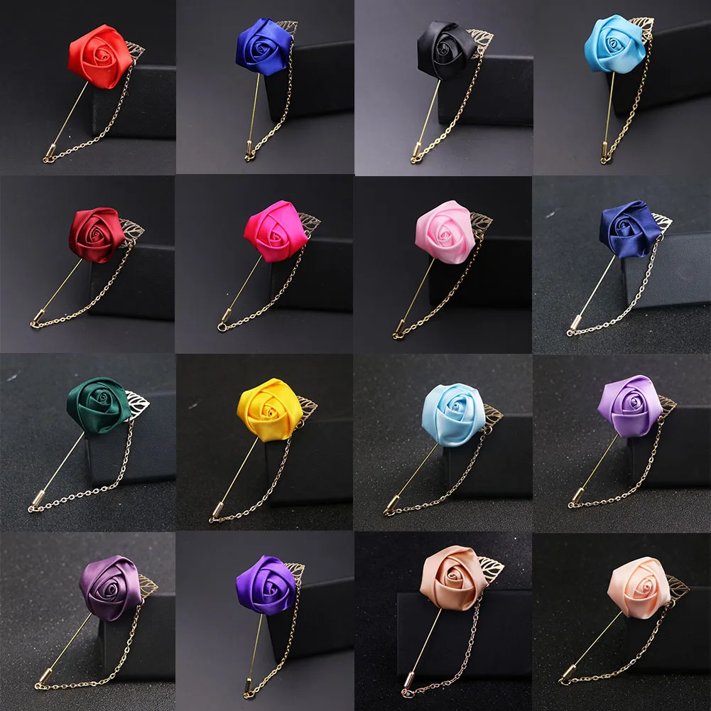 1pc Men's Suit Rose Flower Brooches Canvas Fabric Ribbon Tie Lapel Pin Badge With Tassel Chain Men Wedding Boutonniere Brooch