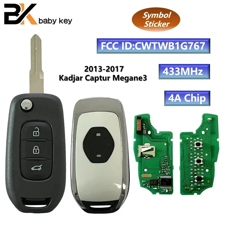 

BB Key for Renault 2013-2017 Kadjar Captur Megane3 433MHz 4A Chip FCC ID:CWTWB1G767 3 Buttons VAC102 Blade Remote Key with Logo