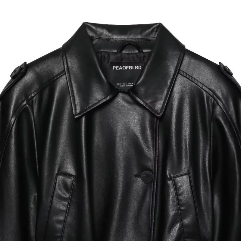 Hksh outono inverno novas mulheres jaqueta de couro do plutônio tendência elegante moda high street turn-down colarinho botão faixas casaco ins hk12769