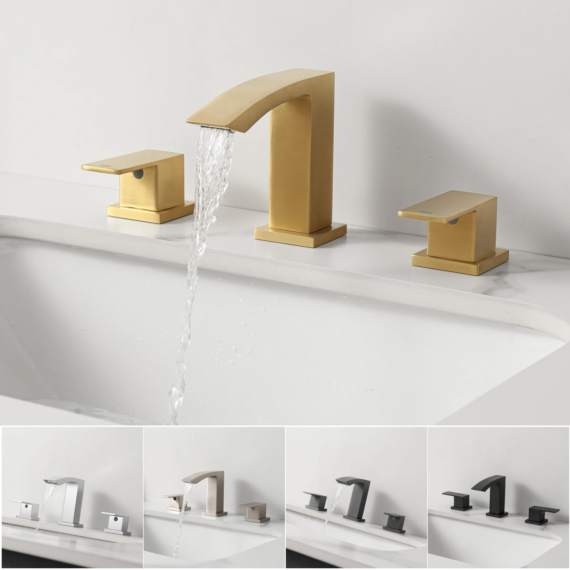 

SKOWLL 2 Handle Bathroom Faucet Deck Mounted Widespread Basin Sink Faucet 3 Hold Vanity Mixer Tap, Brushed Gold MF-8103