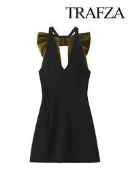 TRAFZA Women Summer Back 3D Bow Decorate Mini Dress Female Fashion Solid Sexy Sleeveless Backless Dress Beach Party Dress Mujer