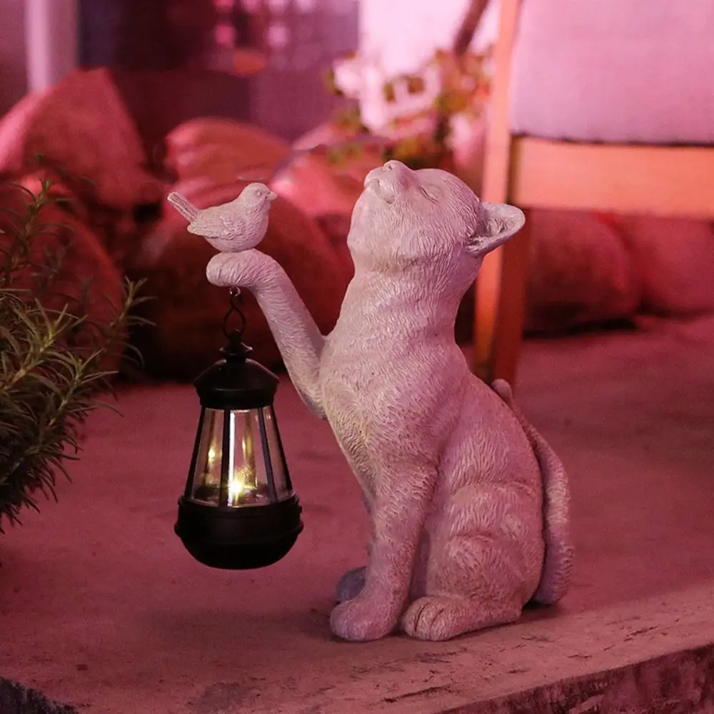 Resin Solar Little Cat Lantern Ornament Cute Art Animal Statue Light Creative Waterproof Garden Figurines Sculptures Lamp Lawn