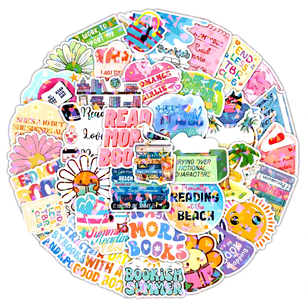 

10/30/50pcs Summer Reading Laser Stickers Aesthetic Funny Cartoon Decals Graffiti Notebook Phone Cute Kid Decoration Sticker Toy