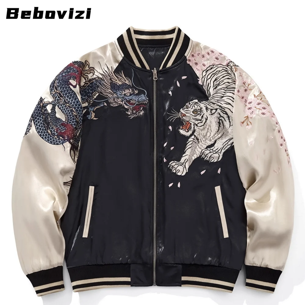 

Высокое качество Дракон Тигр Феникс вышитая куртка на молнии осенняя уличная одежда хип-хоп мужская Harajuku Yokosuka бейсбольное пальто