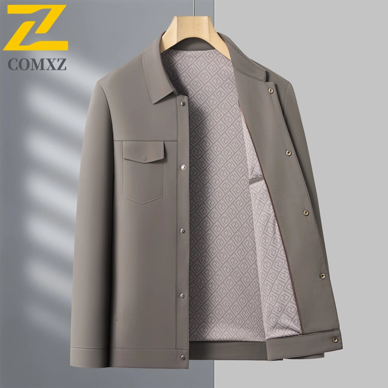 COMXZ Jaket Pria Kerah Turndown Premium Jaket Golf Perjalanan Kasual Bisnis Ringan Mantel Tahan Angin Slim Fit Pernikahan Musim Gugur