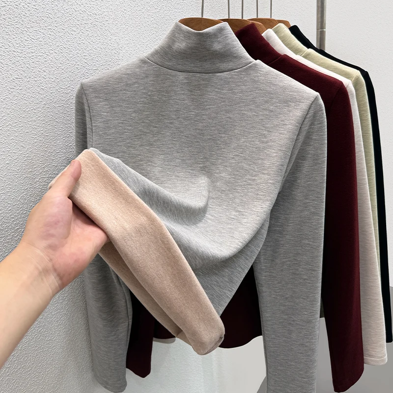 Women's Wool Mock Neck Long‑Sleeve Top, 2026 Fall Winter New, Mulberry Silk Fleece‑Lined Thick Heat‑Generating Thermal Inner Wea