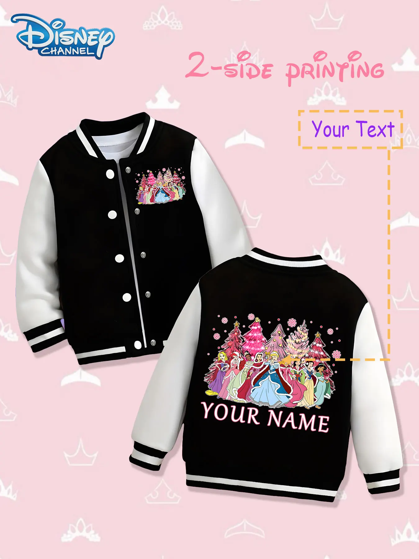 

MINISO Disney Multi-Princess Girls Baseball Jacket - Double-sided colorful prints, warm and rich in autumn and winter, suitable
