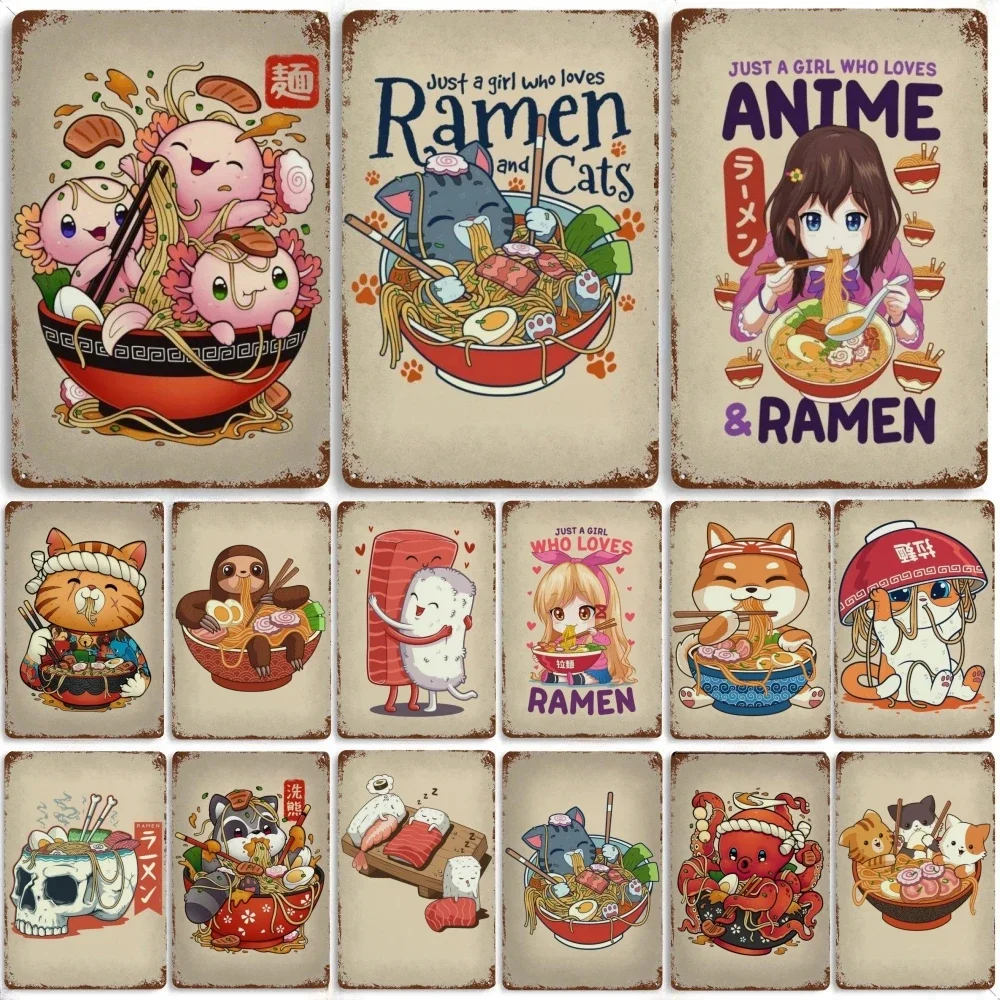 Pop Retro Cute Animals Food Poster Aesthetics Ramen Sushi Panda Cat Rabbit Drink Metal Tin Sign Wall Art Home Kawaii Room Decor