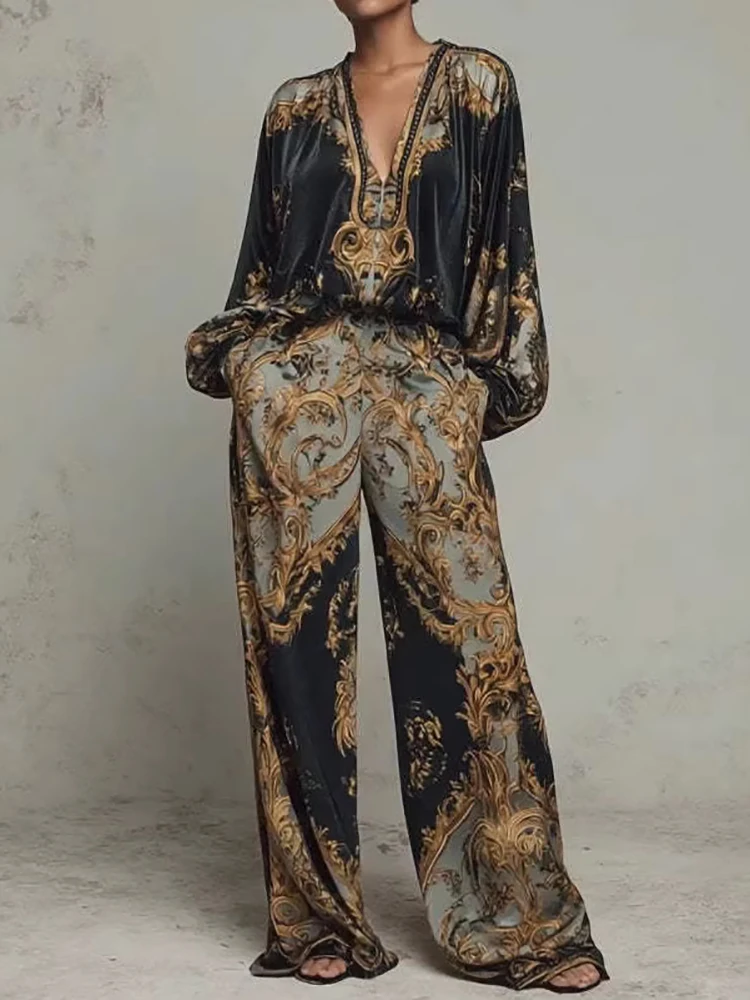 Femme Long Sleeve V Neck Top 2PC Pants Suit Elegant Women Velvet Patchwork Print Casual Tracksuits 2026 Spring Autumn Pants Suit