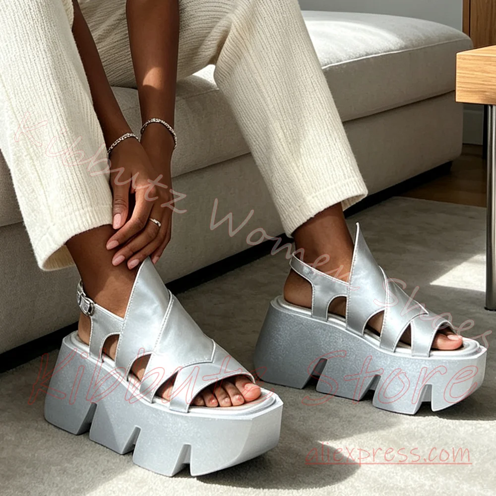 Serrated Chunky Platform Sandal Women Crisscross Cutout Ankle Buckle Open Toe Footwear Y2K Street Fashion Daily Wear Elegant New