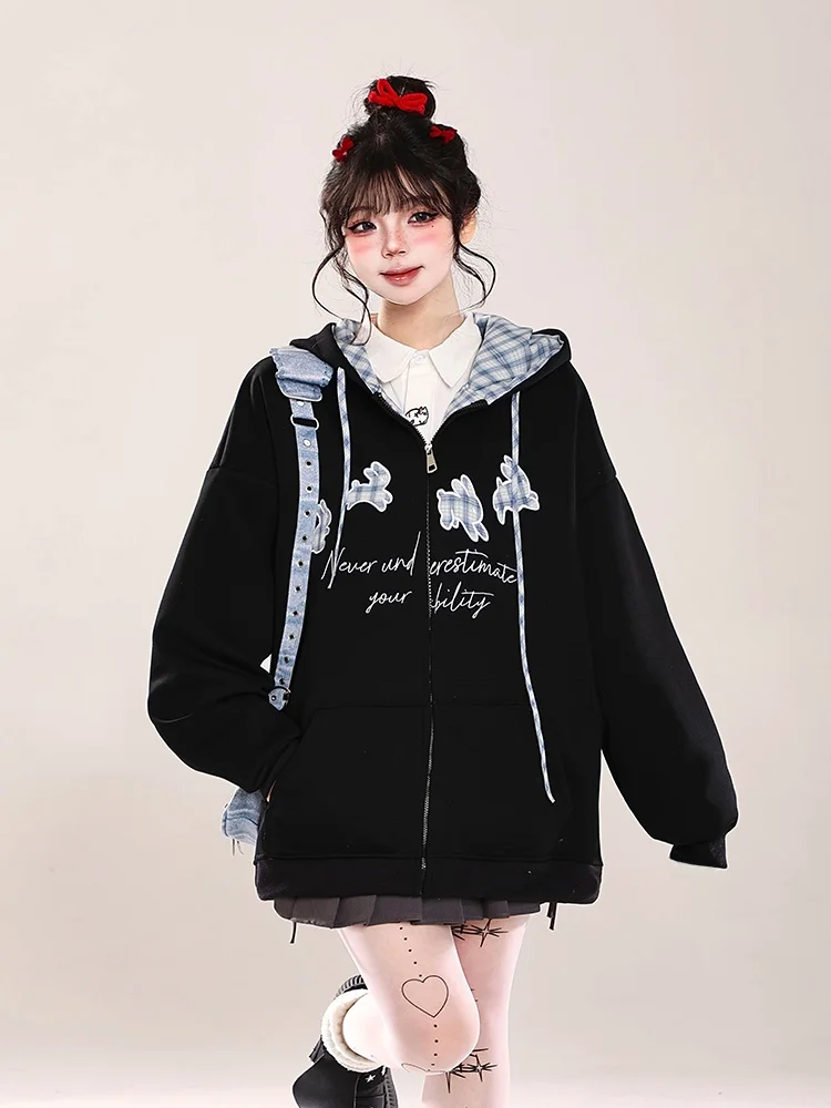 

Retro American Plaid Embroidered Hoodie Women's Spring Autumn Lazy Style Korean Chic Open Cardigan Jacket Loose Fit Button De...